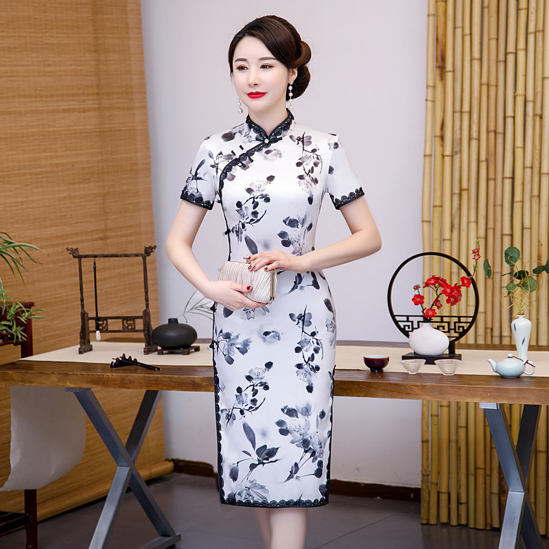 

Plus Size 4XL Chinese lace trim Qipao Classic Women Satin Cheongsam Oriental Bride Wedding Dresses Evening Party Gown