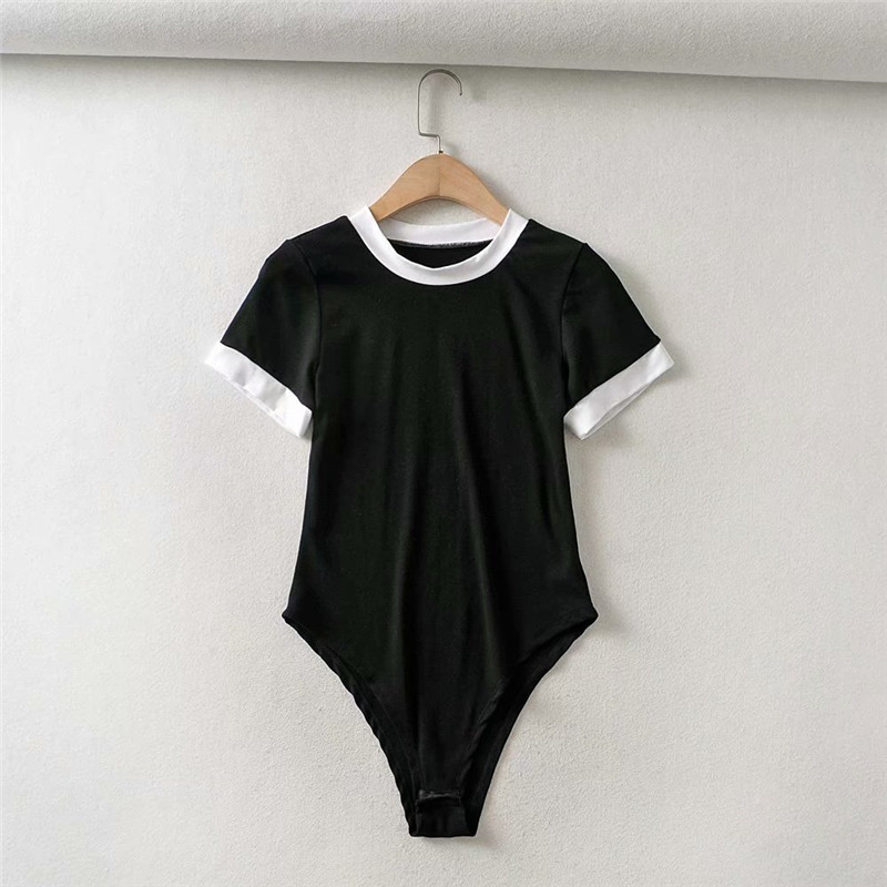 

2020 new fashion patchwork black women bodysuits chic lady short sleeve summer bodycon tops female casual skinny bodysuit femme