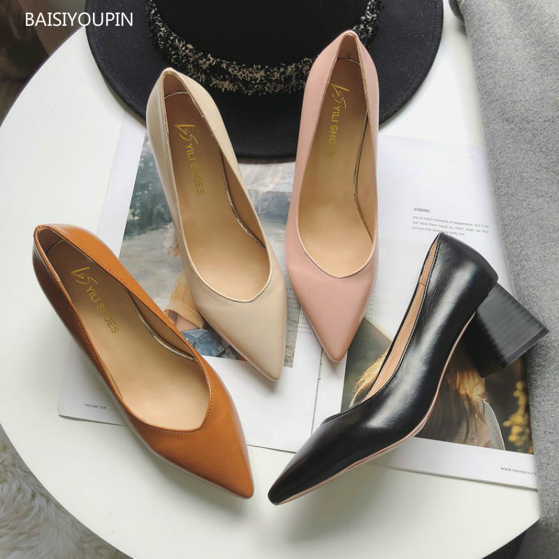 

Wedding Solid Concise Women Shoes Fashion Pointed Toe Office Career Square heel Shallow 6cm high Heels Casual Female Pumps Shoes, Black