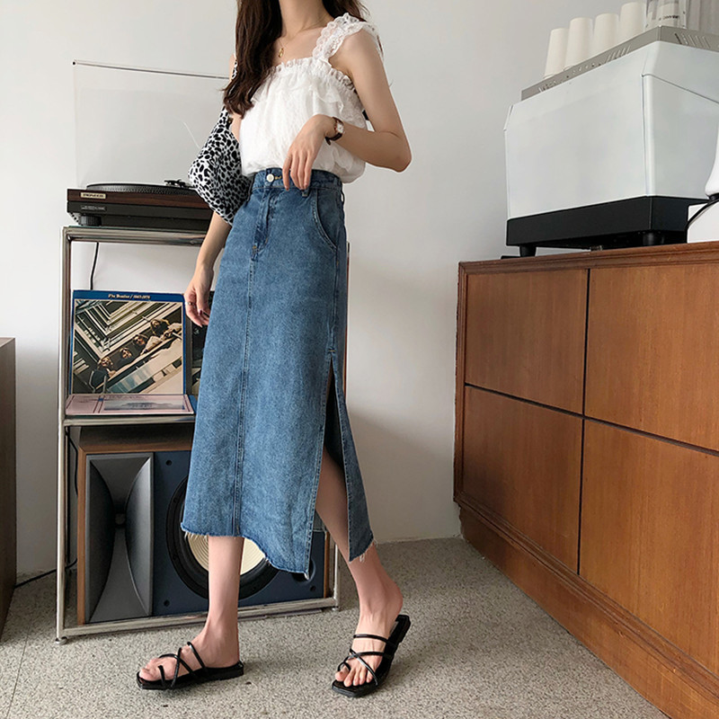 

XL Summer side split Long Jeans Skirts Womens blue High Waist Denim Skirts Plus Size korean Ladies Skirt jupe femme (78370, Sky blue