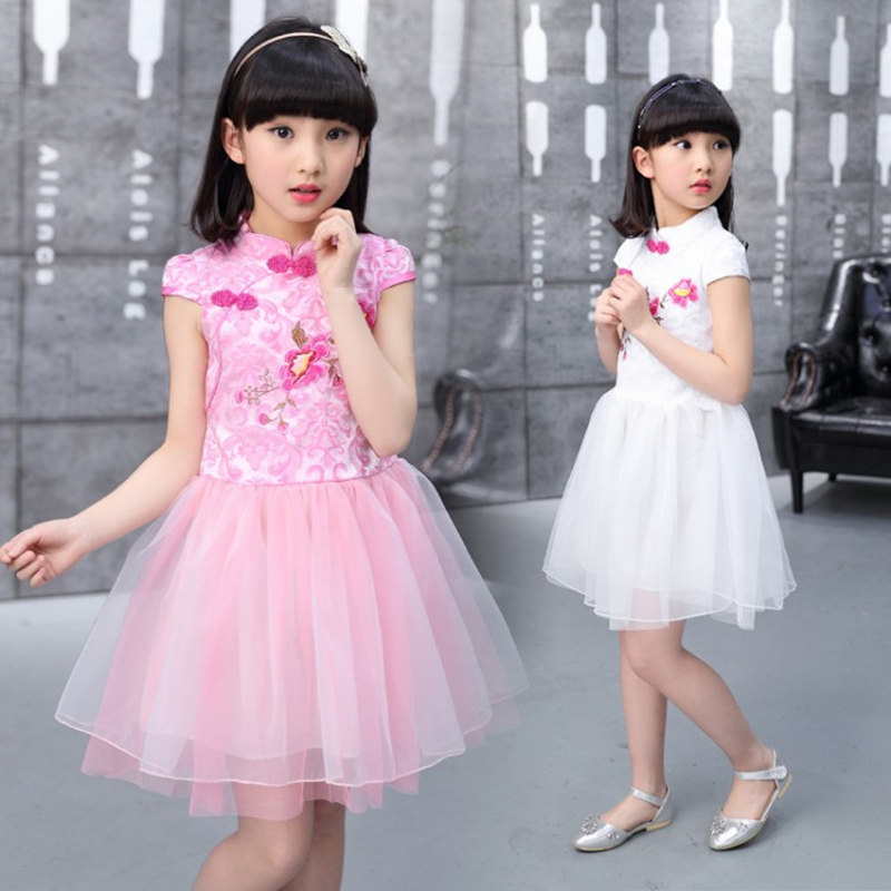 

Chinese Style Kids Traditional Cheongsam Costume Dress Girls White Pink Floral Qipao Top China Princess Party Elegant Dress