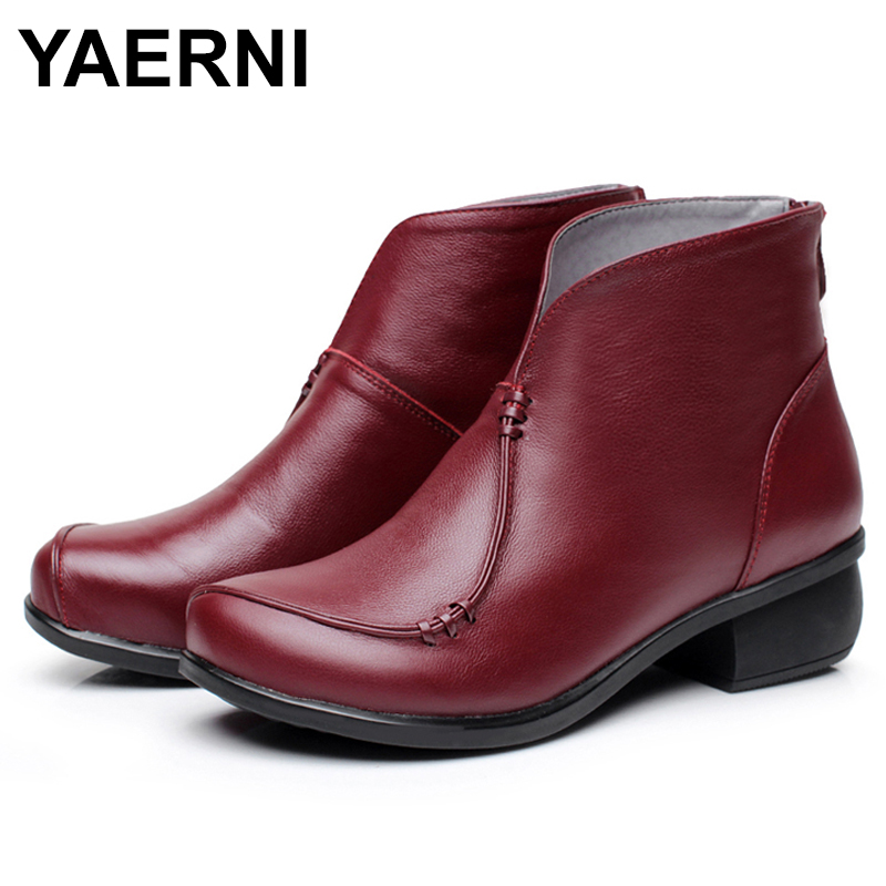 

YAERNI 2020 New Autumn lady Winter Square Heels Short Shoes Genuine Leather Boots Back Zipper Women Ankle Boots E376, Black single lining