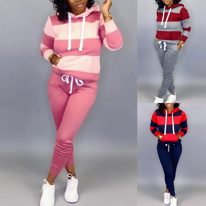 

Women Striped Hooded Tracksuits New Autumn Sweatshirt With Sports Pants Long Sleeve Fashion Sportwear Sports Running Yoga Sets, Pink