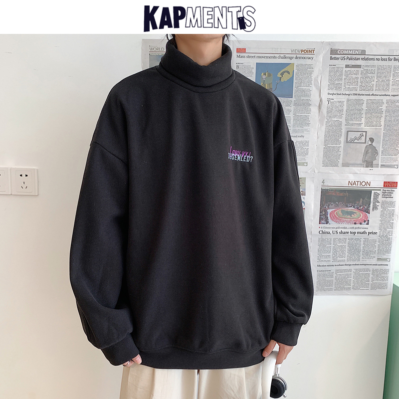 

KAPMENTS Men Streetwear Kpop Turtleneck Hoodies 2020 Harajuku Mens Japan Style Sweatshirt Couple Casual Solid Desginer Clothing, Black
