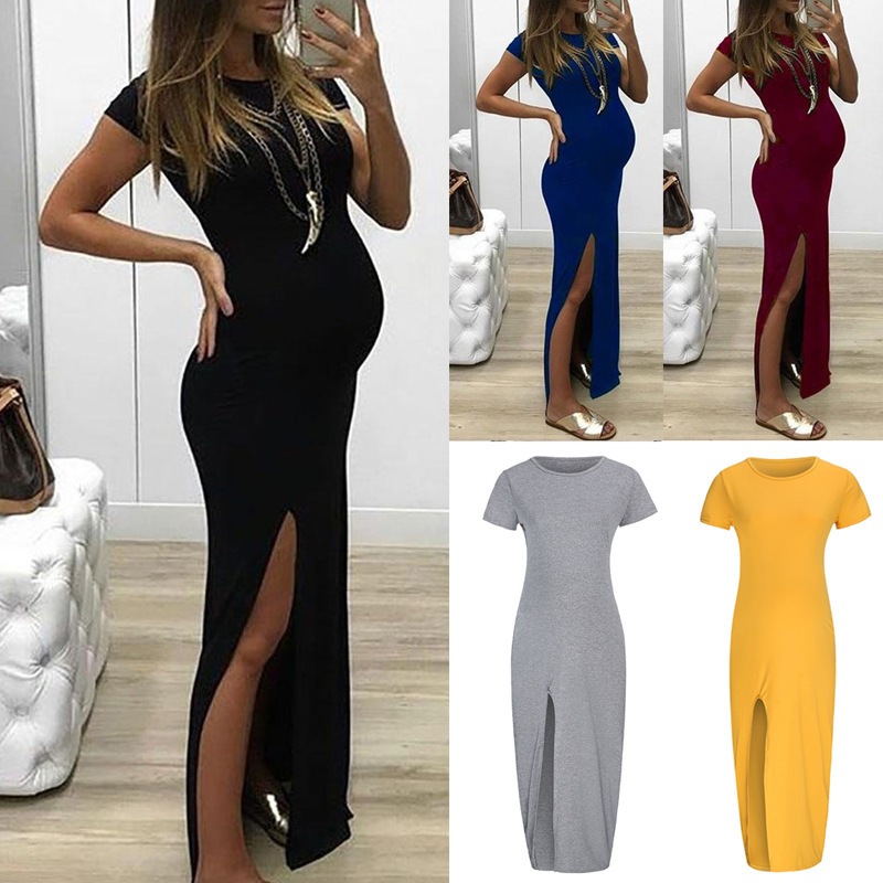 

2020 summer European American explosions maternity dress new round neck short sleeve split maternity dress women, Black