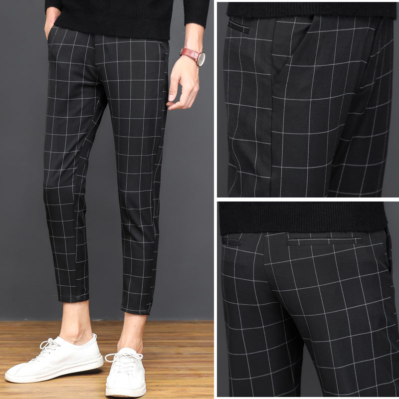 

Men Pencil Pants 2020 Summer Stripe Plaid Pants Male Korean Fashion Capri-Pants Slim Fit Slacks Thin Aesthetic Plaid, Gray