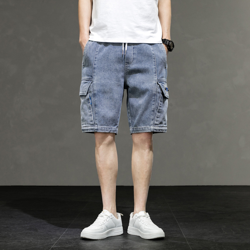 

Thin Pockets Summer Knee Length Mens Jeans Elastic Waist Straight Leisure Blue Pants Denim Men Shorts 2020 Men Clothes OMP204005