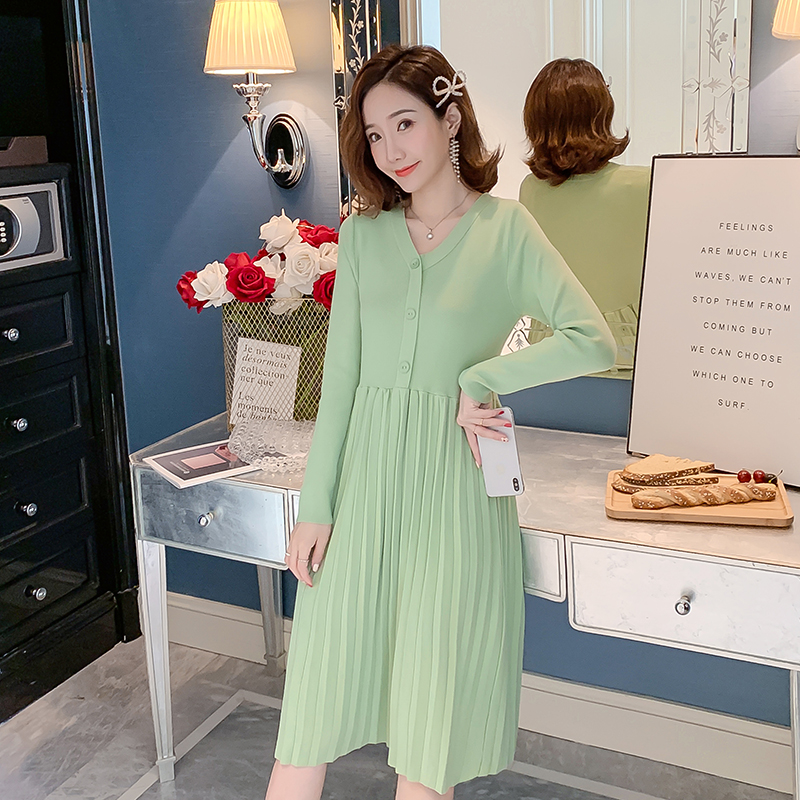 

Autumn Long-sleeved Casual Pregnant Women Dress Long Sleeve V-Neck Buttons Breastfeeding Dress Maternity Pleated Nursing Dresses, Black