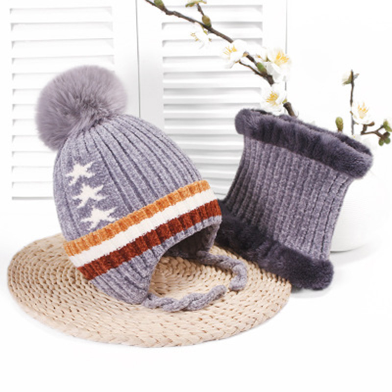 

2 Pcs/Set Knitted Baby Hat Winter For Kids Pom Double Line Side Beanies Kids Baby Hat Scarf Fur Adjustable Scarf Girl, Black