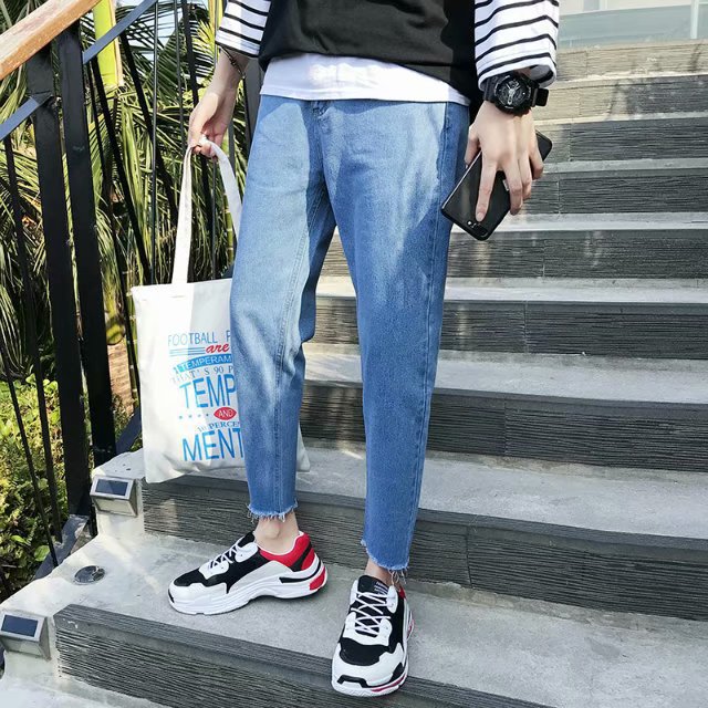 

Men' Washed Feet Shinny Denim Trousers Jeans Slim Fit Elastic Feet 2020 Trend Pants Hip Hop Elastic Waist Cowboys Pants, 918 light blue