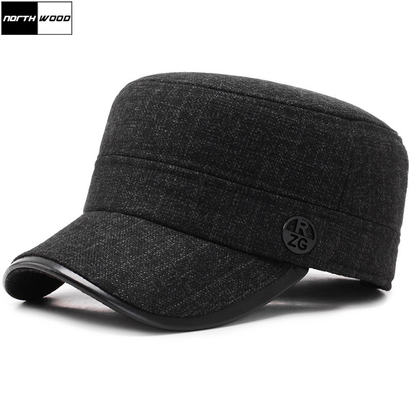 

NORTHWOOD] Brand Winter Hat Thicken Flat Top Caps Men's Hats Cotton Army Cap With Earflaps Outdoor Bone Casquette, Black