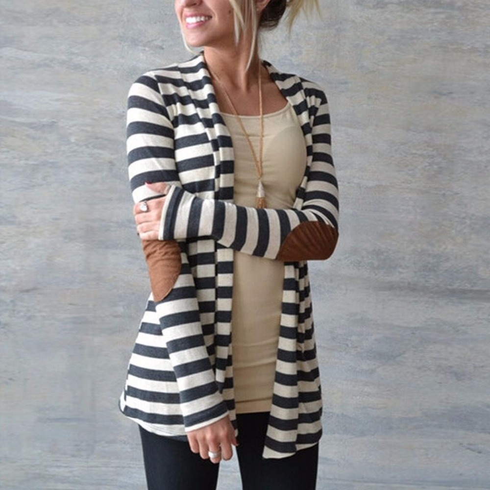 

Blackday New Fashion Autumn Outerwear Women Long Sleeve Striped Printed Cardigan Casual Elbow Patchwork Knitted Sweater Plus Size, Black