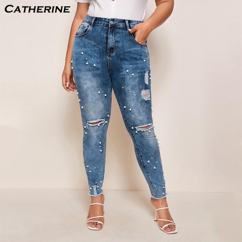 

Pearl Beaded Jeans Casual Women Stretch Skinny Jeans Spring New Elastic Denim Zipper Pants Female Sexy Slim Long Trousers, Blue