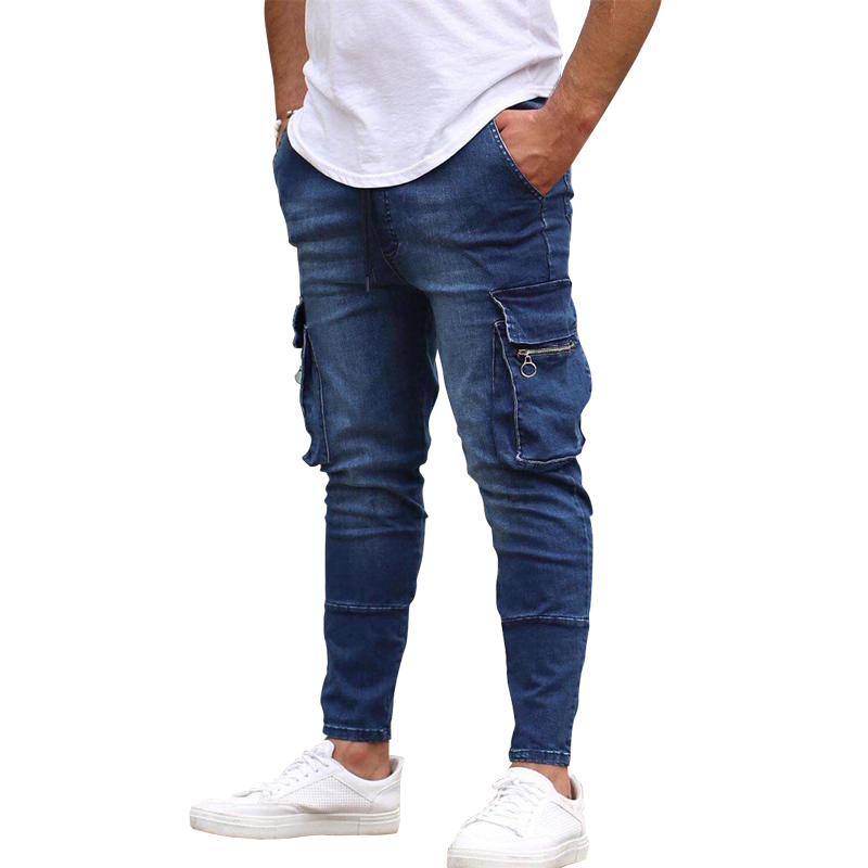 

Mens Jeans with Multi-pocket Cargo Denim Trousers Skinny Slim Black Blue Jean Men Elastic Pencil Pants Calca Pantalones Zipper