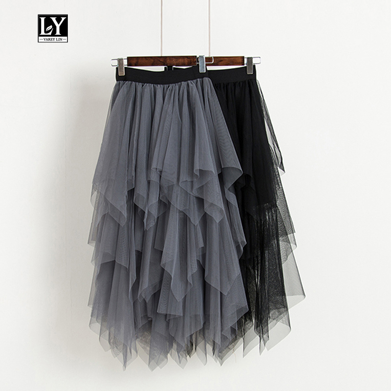 

Ly Varey Lin Tulle Skirts Spring Autumn Women High Waist Mesh Skirt Slim Black Casual Hem Asymmetrical Pleated Knee-length Skirt