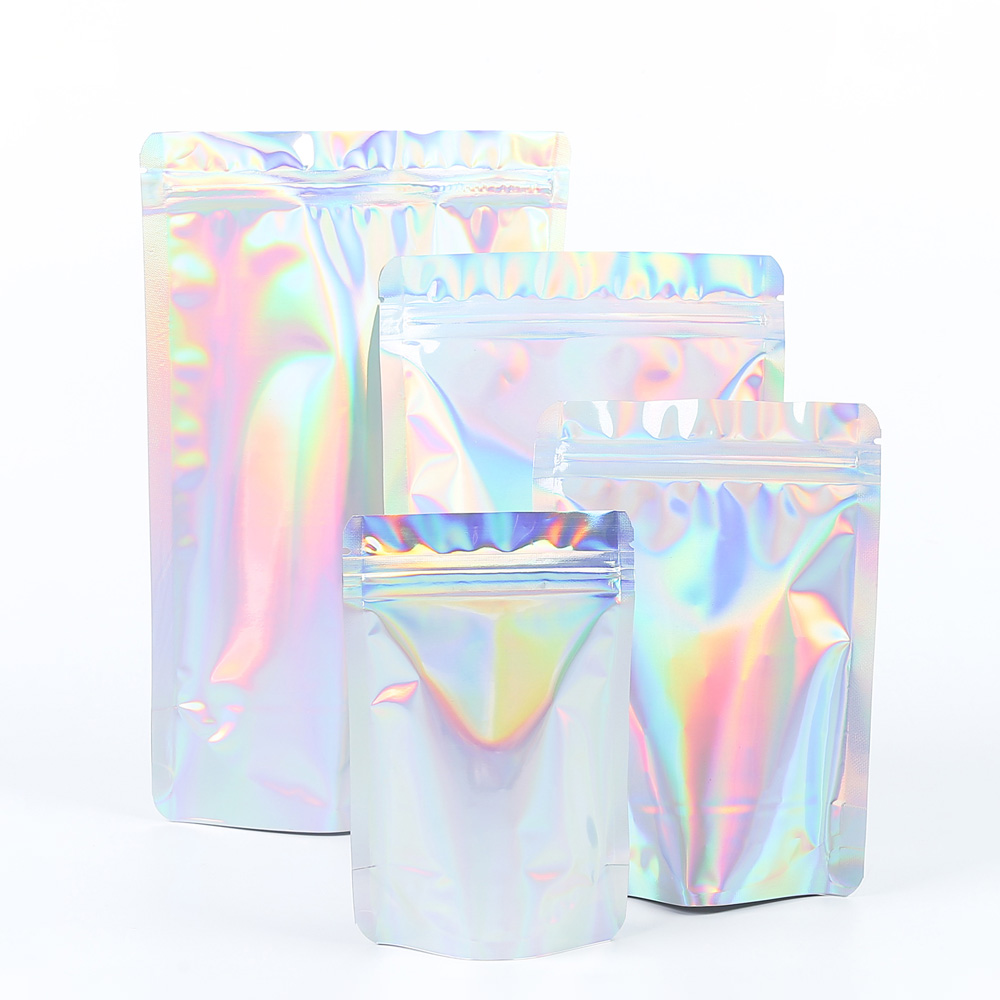 

Assorted Size High Quality Foil Mylar Glossy Holographic Silver Stand Up Zip Lock Round Corner Bag With Tear Notch