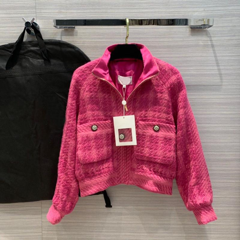 

2020 newest rose color 100% wool tweed short jacket runway designer woven zipper pockets chic coat outwear with silk liner
