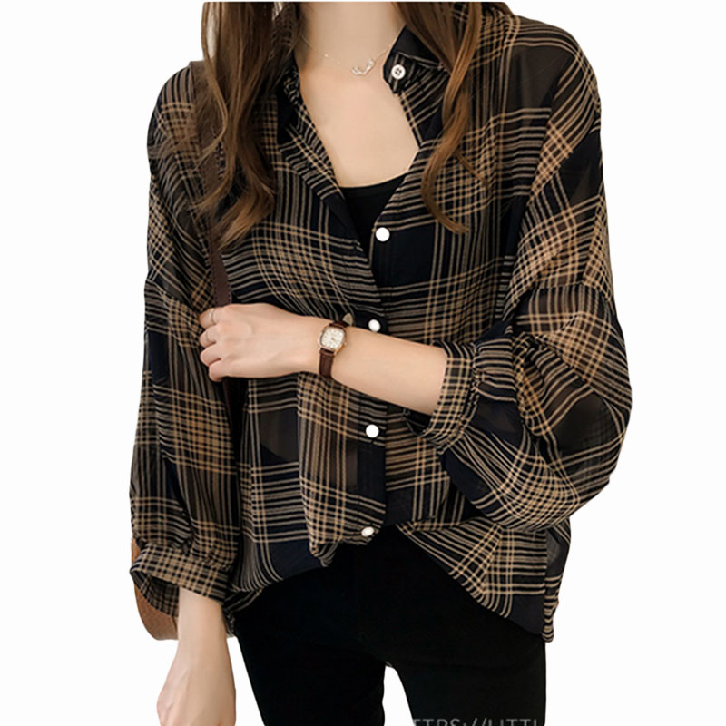 

VogorSean Summer New Women Blouse Shirt 2020 7/10 Sleeve Chiffon Loose BF Wind Large size Plaid Leisure Womens Shirts Tops, Champagne