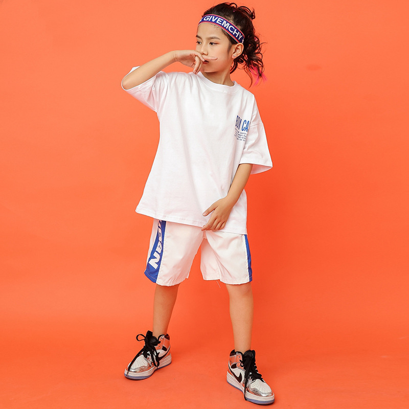 

Children Cool Hip Hop Costume Loose Short Sleeve Top T Shirt Running Short Girls Boys Jazz Dance Ballroom Dancing Clothing Wear