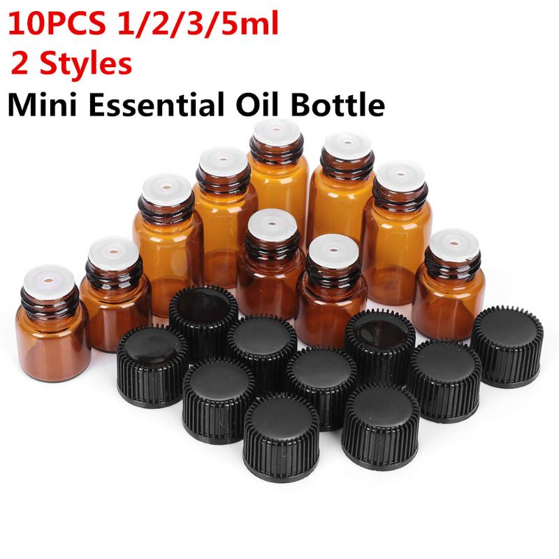 

10PCS 1/2/3/5ml Mini Essential Oil Bottle Jar Orifice Brown Reducer & Cap Refillable Bottles Glass Vials Cosmetic Containers