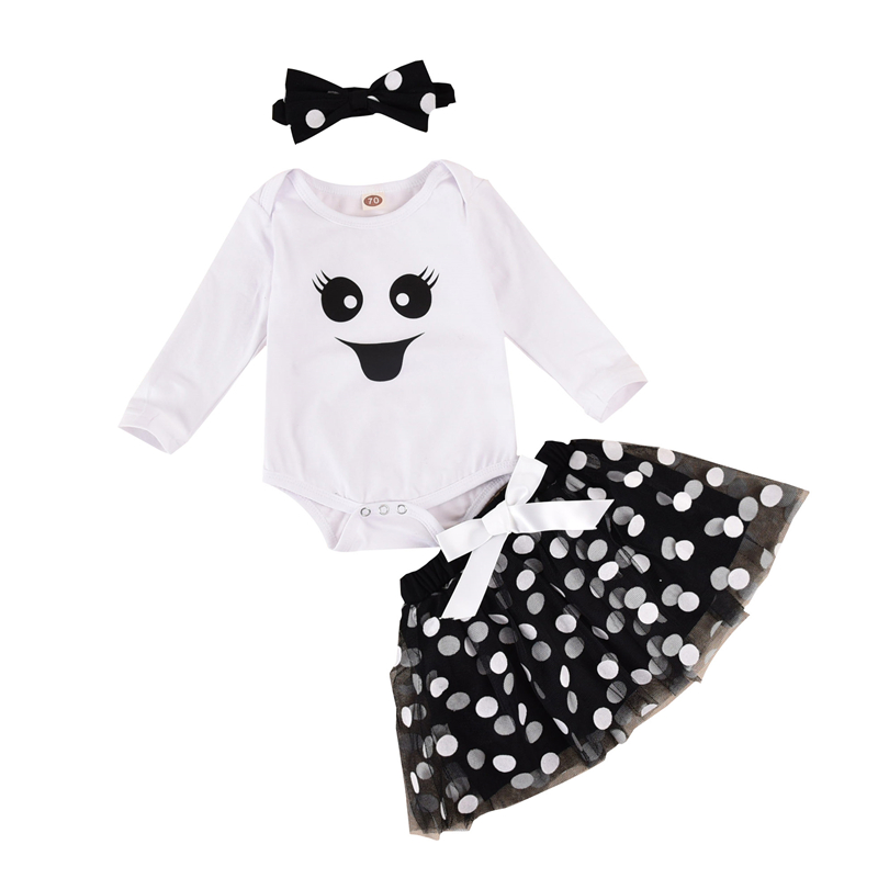 

2020 Toddler Infant Baby Girl Clothes Set Halloween Fall Long Sleeve Ghost Bodysuit Tutu Dot Skirts Leg Warmer Headband Outfits, White