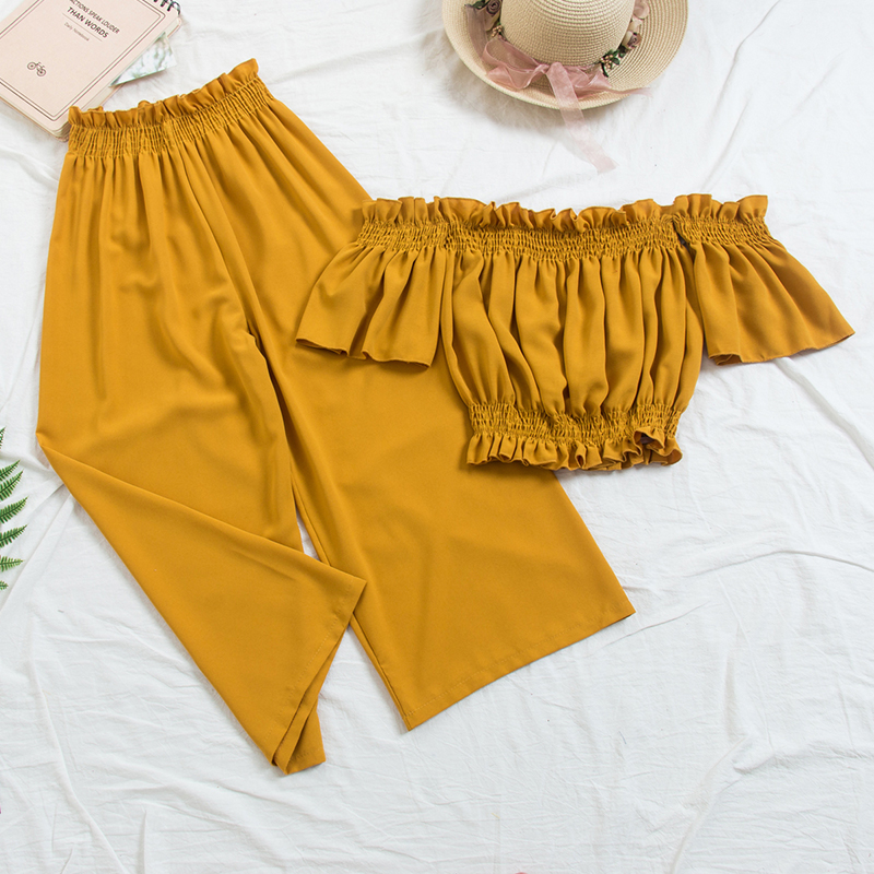 

Heliar High-Waisted Pants and Slash neck Printed Blouses Two Pieces Outfits 2020 Summer Women Sets two piece set tops and Pants, Green