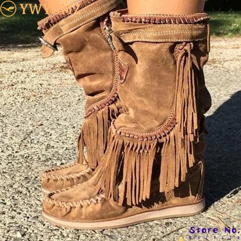 

2020 Women High Boots Fashion Gladiator High Heels Warm Autumn Simple Plus Size Shoes Booties Vintage Tassel Shoe Botas Mujer, Black