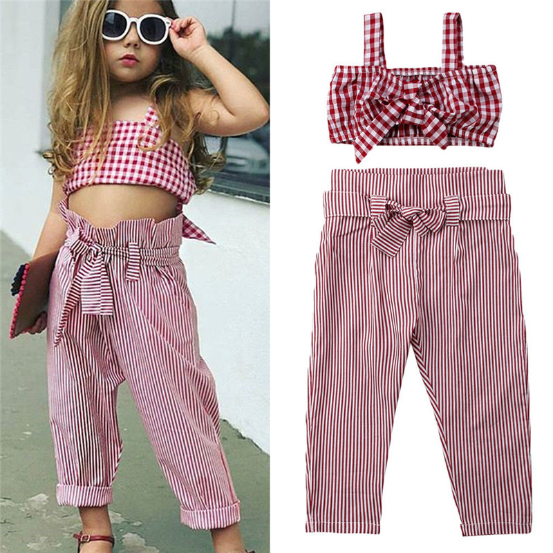 

2020 Kids Baby Girls Summer Clothes Sets Plaid Vest Crop bow Tops Pants Cool Girls Outfits Children Clothing, Red