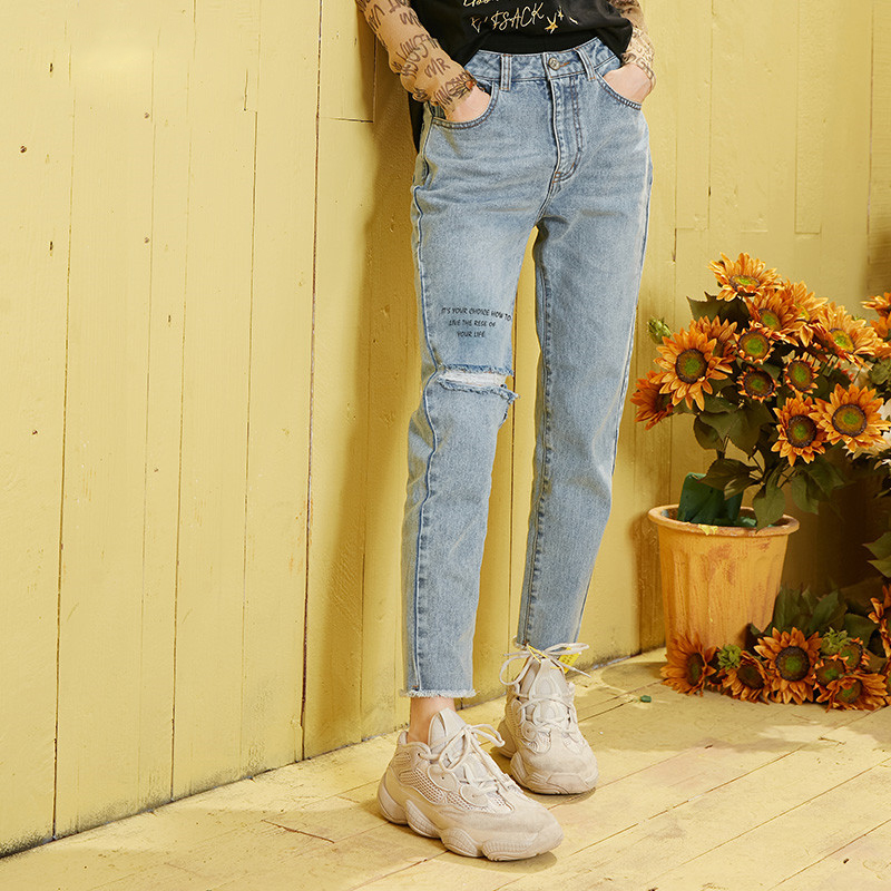

Blue Solid Ripped Washed Straight Casual Jeans Woman 2020 Spring New Letter Raw Hem Korean Style Ladies Daily Trousers