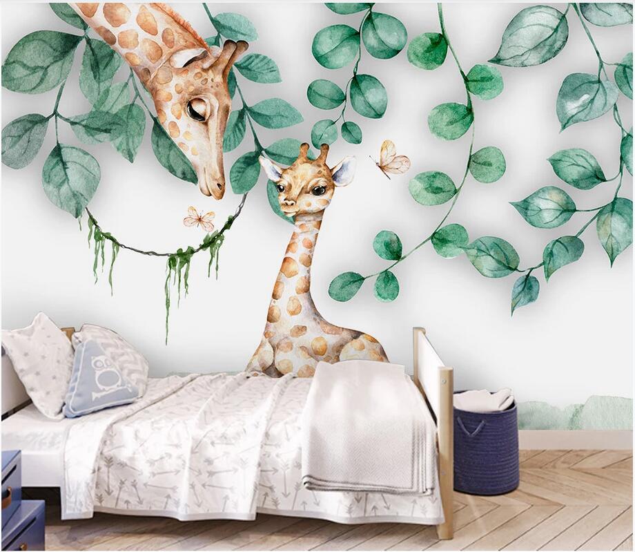 

3d wallpaper custom photo mural Nordic simple leaf cute animal giraffe children's house background decorative landscape wall tapestry 3d, Non woven