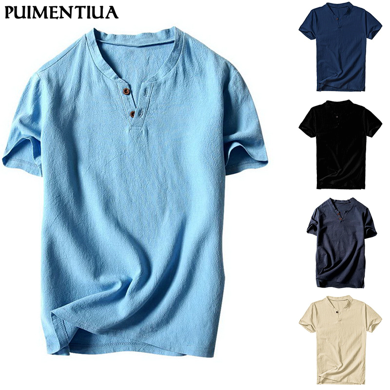 

Puimentiua Summer Fashion Mens V-Neck Cotton Linen Short Sleeve Casual Henley T-Shirt Top Homme Button Solid Slim Tees Shirts, Navy blue