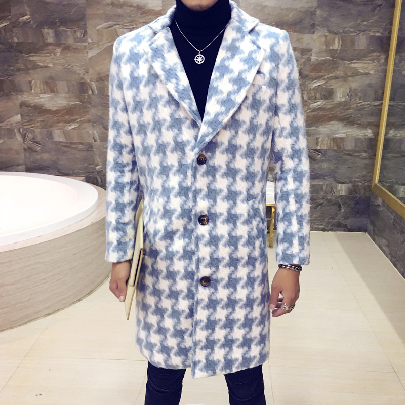 

2020 Autumn Winter Fashion Plaid Buttons Casual Lattice Long Jacket Turndown Collar Men Wool Coat Outwear, Black