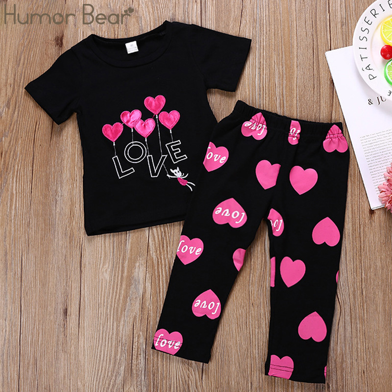 

Humor Bear Girls Clothing Set Baby Girls Outfits T-shirt Letter Lip Tops+Printed Long Pants Suit 1-6Year Baby Kid Clothes, Be228 black