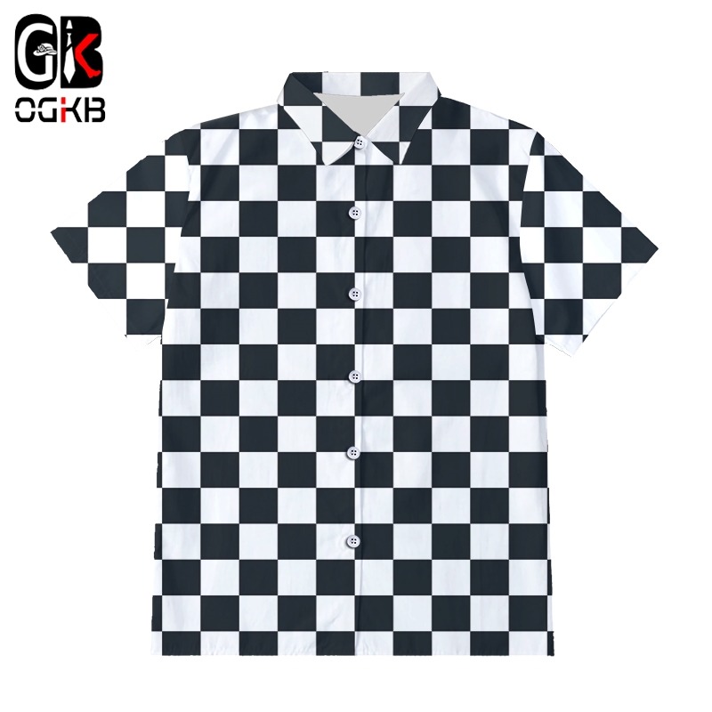 

OGKB Shin Harajuku Men's Casual Button Shirt Cool Print Black White Grid 3D Shirt Suitable For Slim Short Oversized 5XL