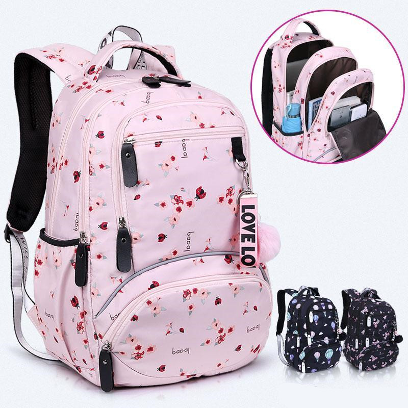 

New Fashion Large schoolbag cute Student School Backpack Printed Waterproof bagpack primary Multi-layer travel bag for teenage girls kids, Pink flower