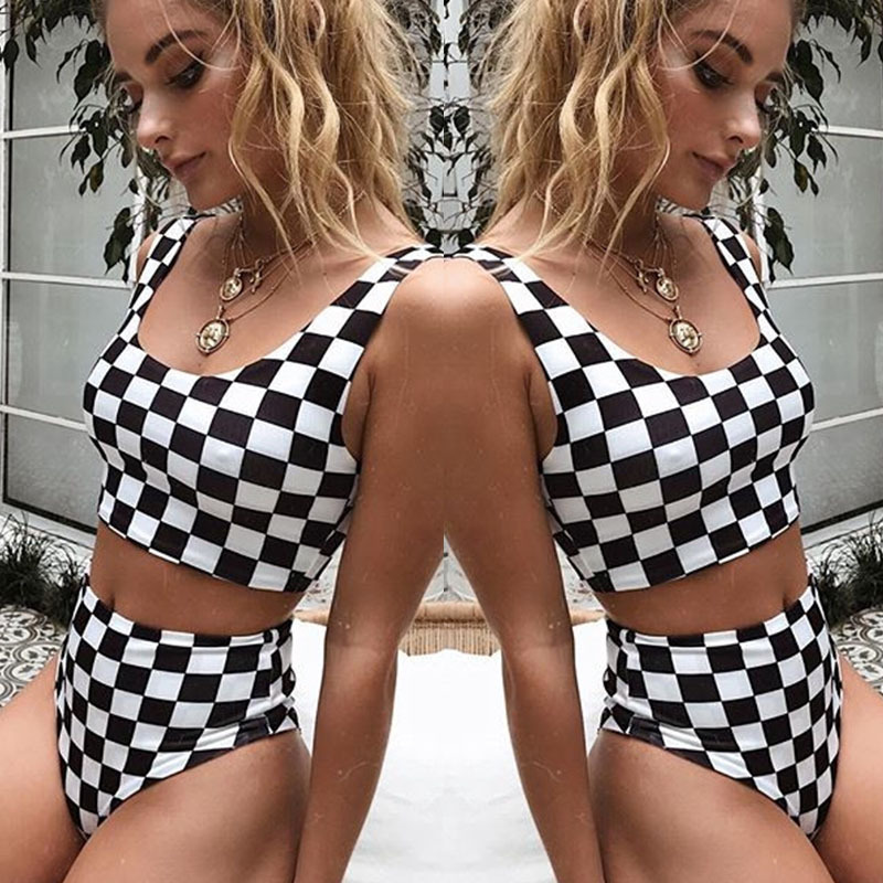

Plaid printed high waist bikini black and white grid sexy split swimsuit swimsuit women' family triangle, As the picture shows