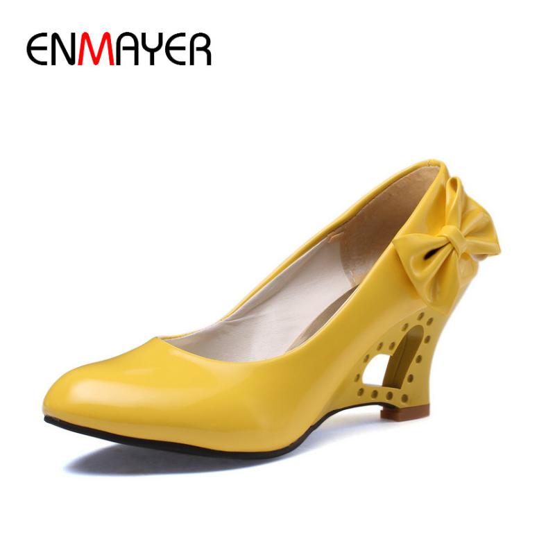 

ENMAYER Wedges Women Shoes Sweet Heart Princess Bow Women Wedding Shoes Fretwork Wedges Heels Casual Pumps Plus Size 34-42, Black