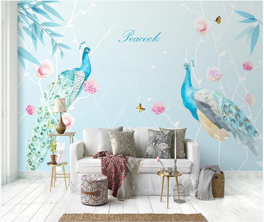 

3D murals wallpaper cloth custom photo Nordic peacock flower branch sofa TV background wall 3d landscapes room wallpaper for walls, Non woven