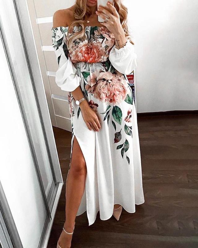 

Off Shoulder Floral Print Tied Waist Maxi Dress Women Elegant Long Sleeve Slash Neck Side High Slit Chiffon Dress, White