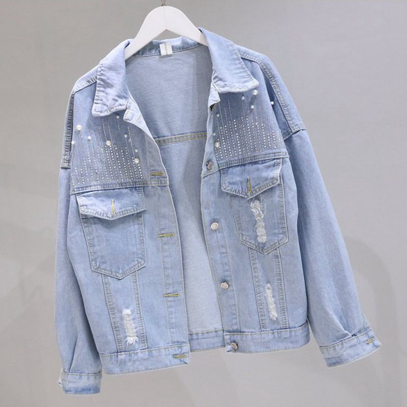 

2020 Autumn Streetwear BF Loose Jeans Jacket Diamond Harajuku Holes Denim Coat Women Autumn Light Blue Bomber Jacket