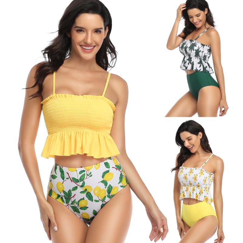 

2020 Smocking Folds Europe Bikini Sexy Printing Two-Piece Swimsuits Spot Bikini, C06