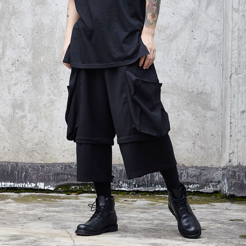 

Male Gothic Hip Hop Harem Trousers Kimono Pant Men Streetwear Big Pockets Fake 2PCS Splice Loose Casual Wide Leg Cargo Pants, X051