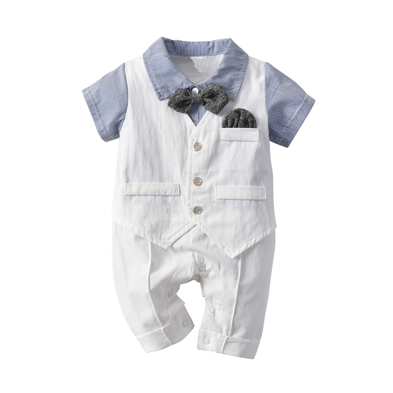 

2020 Formal Newborn Infant Baby Boys Casual Romper Jumpsuit Cotton Short Sleeve Clothes Summer Sunsuit Outfits Fake Two Pieces, Blue