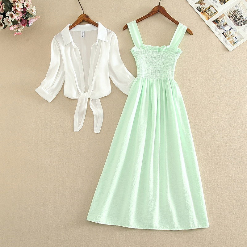 

Fashion Women Puff Sleeve Turn Down Chiffon Shirt Top + Long Ruched Fluorescent Green Spaghetti Strap Dress New Two Pieces Sets, White green sets