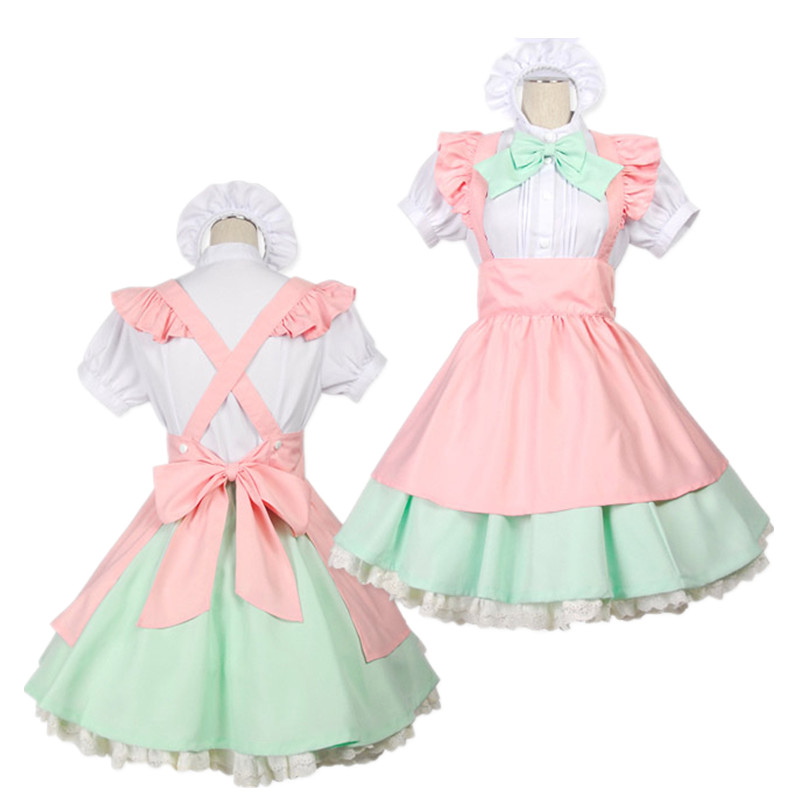 Lolita Dresses French Maid Cosplay Costume Women Short Sleeve Shirt Skirt Apron Bow Set-image-559725000