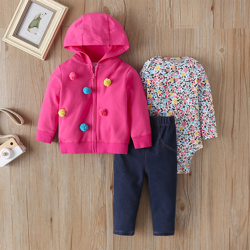 

Children's Autumn New Small Ball Coat Suit 2020 Baby Girl Long-sleeve Hooded Sweatshirt Trousers Jumpsuit Three-piece Infant Set, White