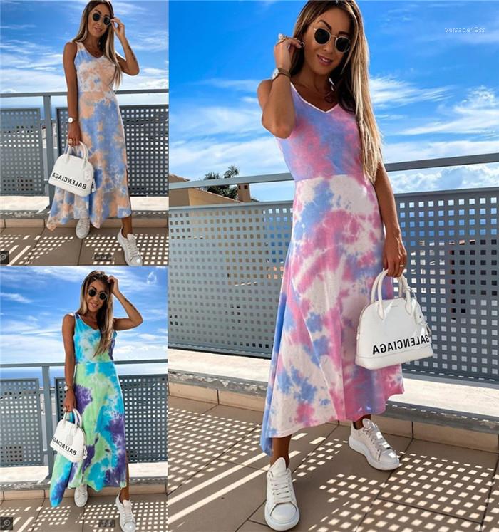 

Down Tie Dye Casual Dresses Ladies Summer Clothes Women Sleeveless V Neck Dress New Split Waist