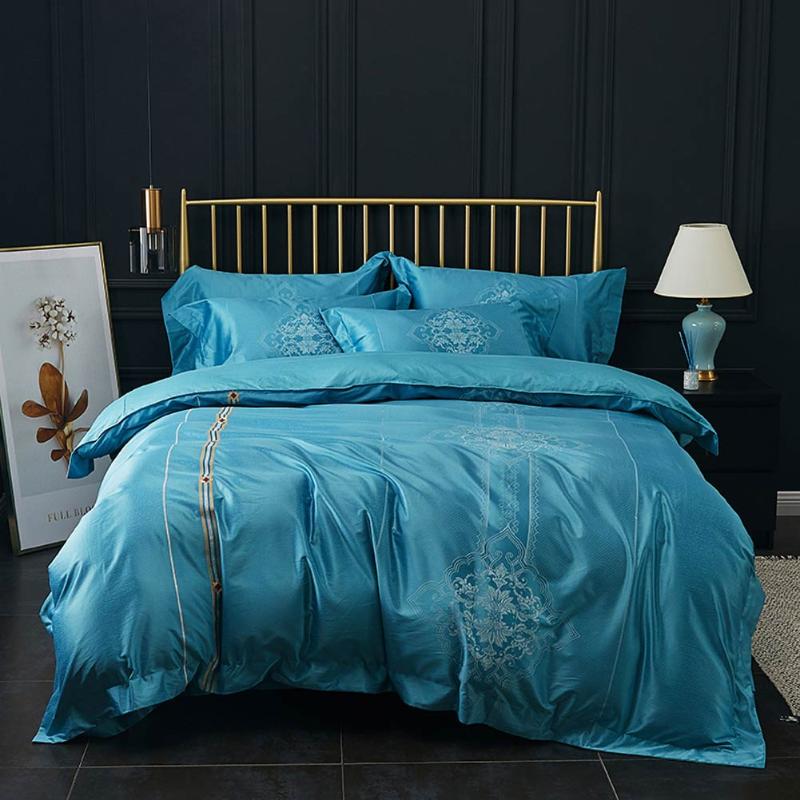 

Svetanya Sky Blue European Baroque Embroidery Bedding Set Jacquard Silk Cotton Bedlinens Queen King Size Duvet Cover Set, 20204701