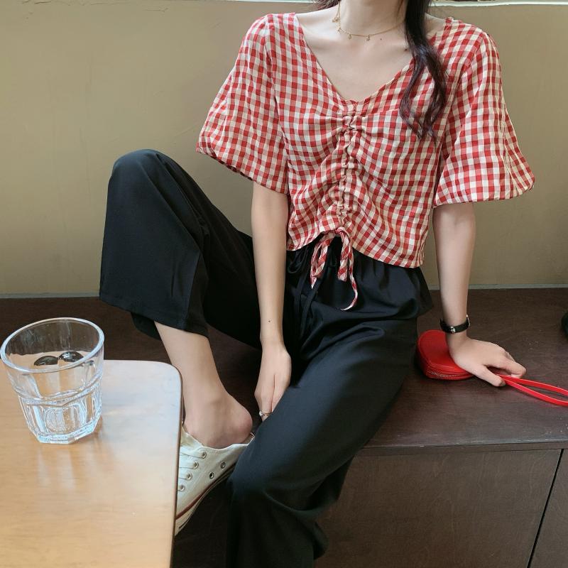 

Shirts Women V-neck Summer New Lace Up Plaid Bottoming Crop Tops Short Sleeves Cute Elegant Chic Womens, Green