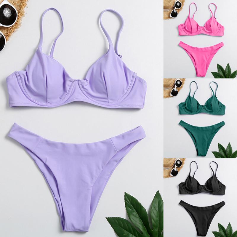 

#H40 Bikini 2020 Solid Swimsuit Women Swimwear Push Up Bikini Set Patchwork Biquini Brazilian Beach Bathing Suit Swim Wear, Green